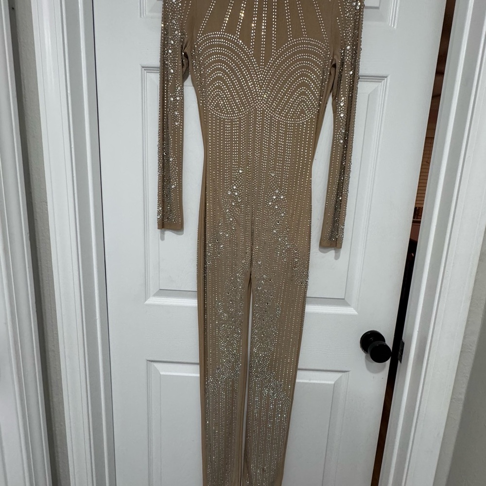 Banjul Shimmering Beige Bodysuit with Rhinestones